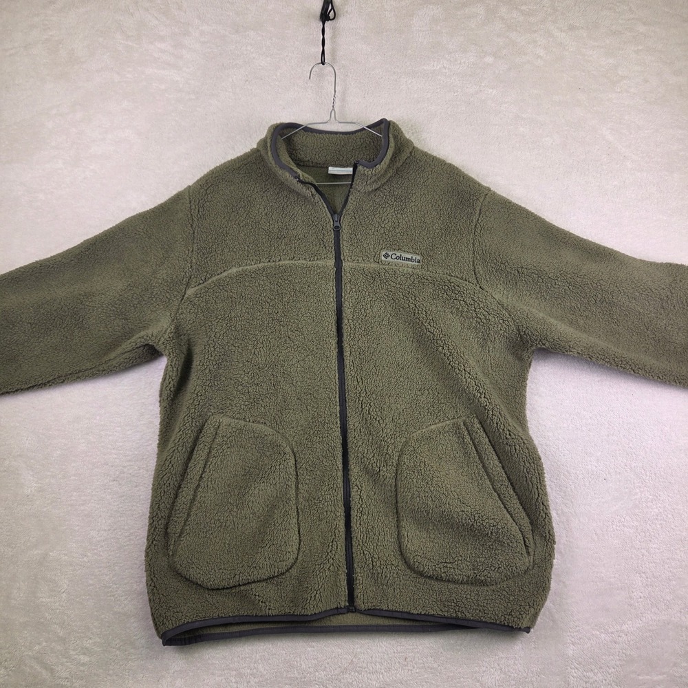 Columbia Mens Large Sherpa Fleece Jacket Full Zip Olive Green High Pile 4356